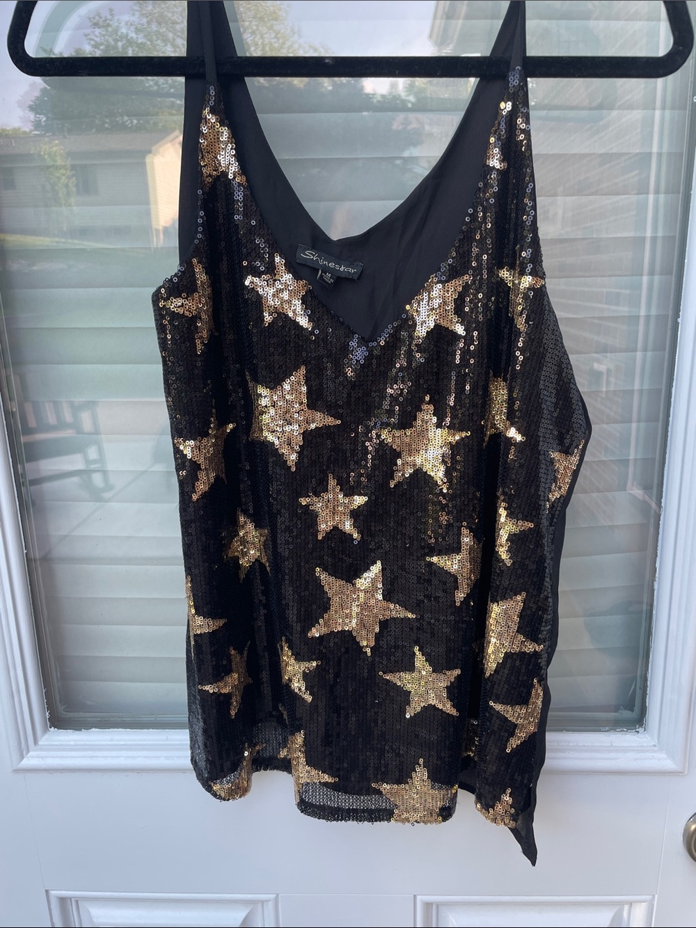 Shinestar Black Sequin Tank with Gold Star Motif